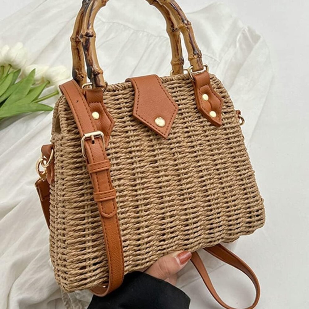 Women Straw Crossbody Bag Handwoven Basket Handbags Summer Beach Weave Shoulder - Picture 5 of 8